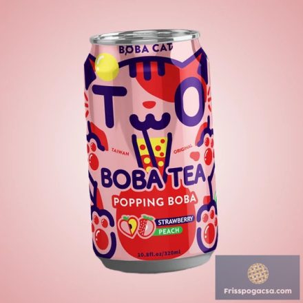 Boba Cat Bubble Tea Strawberry Peach eper és barack ízesítésű buborék tea 315ml