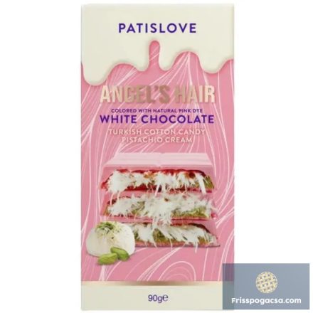 Patislove Angels Hair White Chocolate Ruby pisztáciakrémmel és vattacukorral töltött málna ízű Dubai csoki 90g